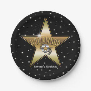 Hollywood Gold Star Black Birthday Party Paper Plates