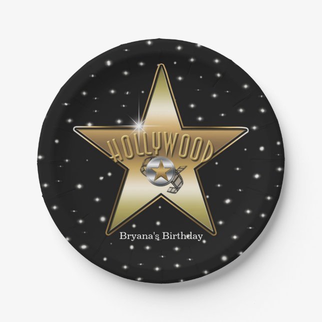Hollywood Gold Star Black Birthday Party Paper Plates (Front)