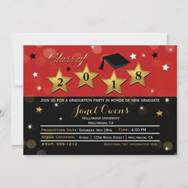 HOLLYWOOD GRADUATION Graduate Red Gold Invitation (Front)
