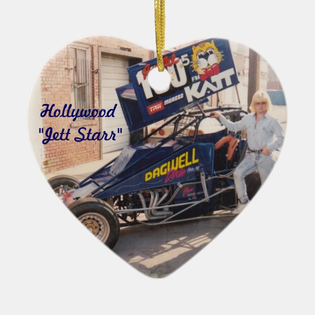 Hollywood Jett Starr with his Dirt Car Ceramic Ornament (Front)