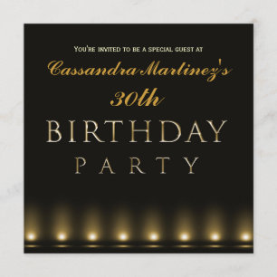 Hollywood Lights Black Gold Birthday Invitation