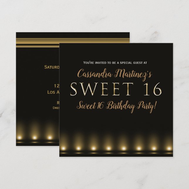 Hollywood Lights Gold Typography Sweet 16 Party Invitation (Front/Back)