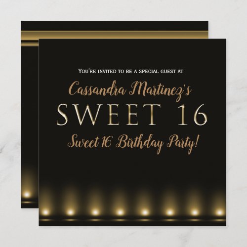 Hollywood Lights Gold Typography Sweet 16 Party Invitation