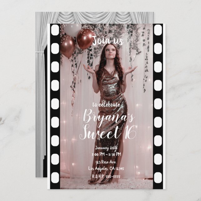 Hollywood Movie Black White Curtains Sweet 16 Invitation (Front/Back)