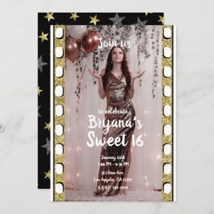 Hollywood Movie Gold Silver Stars Sweet 16 Photo I Invitation