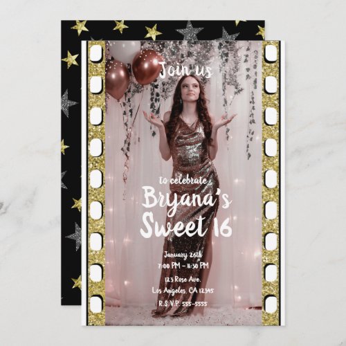 Hollywood Movie Gold Silver Stars Sweet 16 Photo I Invitation