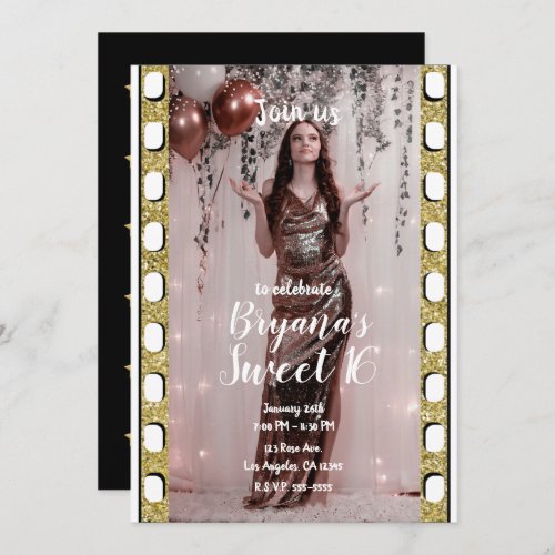 Hollywood Movie Gold Stars Film Sweet 16 Party Invitation