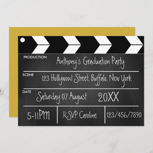 Hollywood Movie Graduation Party Chalkboard  Invit Invitation (Front/Back)