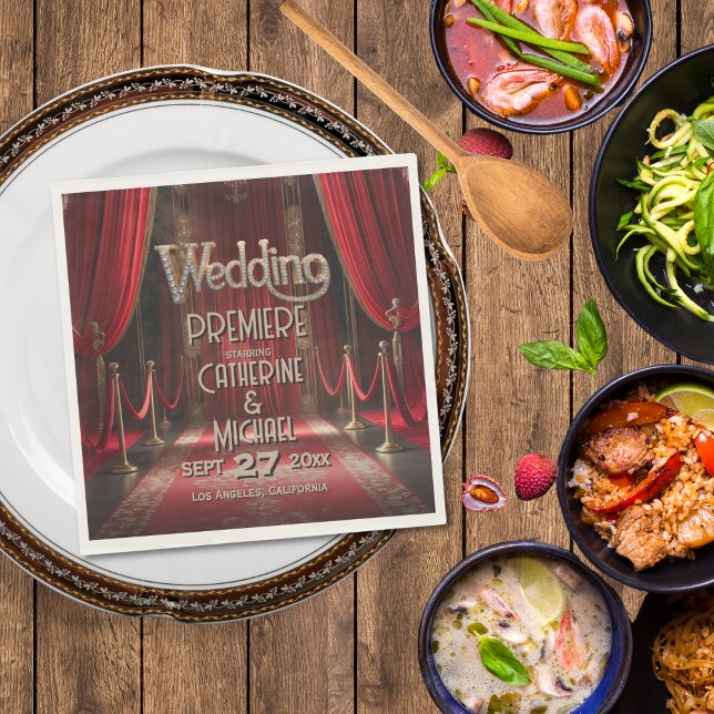 Hollywood Movie Red Carpet Premiere Wedding Napkins (Flat lay silver screen golden glitz glamour touch – Red Carpet Wedding Napkin)
