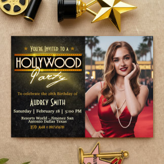 Hollywood Party with Picture Birthday Invitation