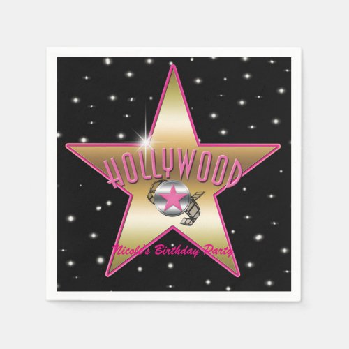 Hollywood Pink  Gold Star Black Birthday Party Paper Napkins