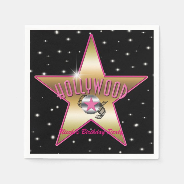 Hollywood Pink & Gold Star Black Birthday Party Paper Napkins (Front)