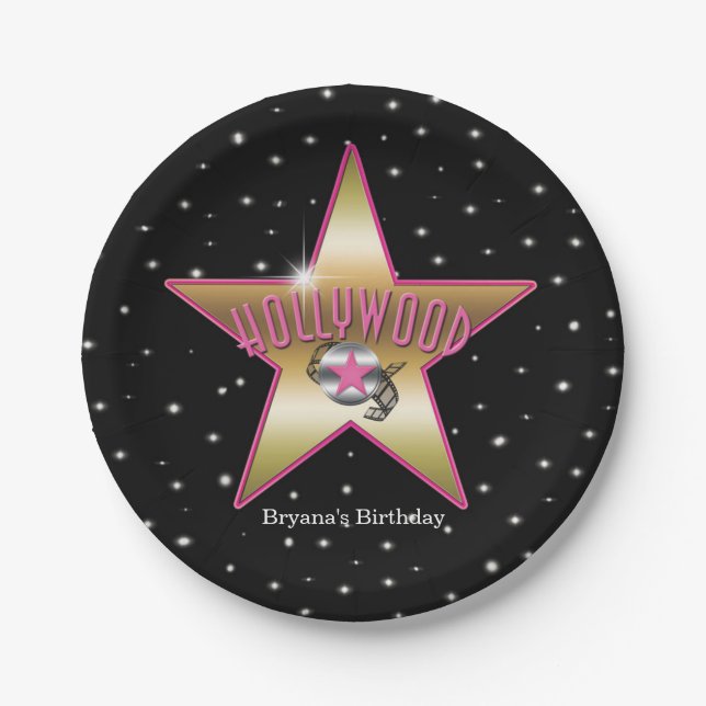 Hollywood Pink & Gold Star Black Birthday Party Paper Plates (Front)