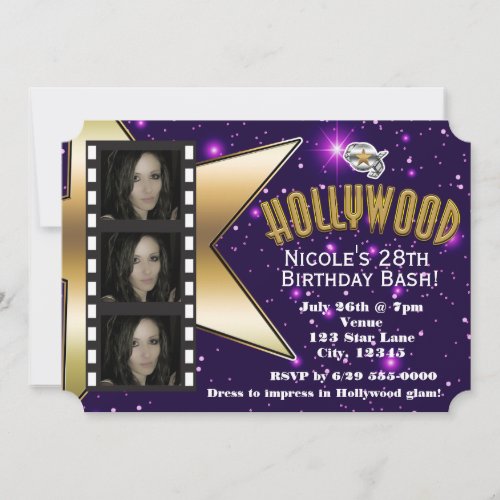 Hollywood Purple Stars 3 Photo Birthday Invitation