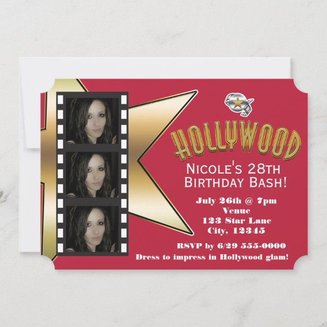 Hollywood RED 3 Photo Birthday Party Invitation (Front)