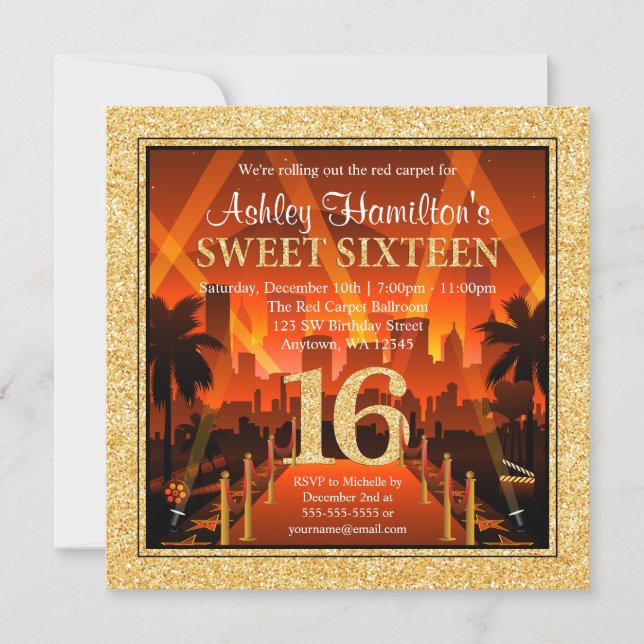 Hollywood Red Carpet City Gold Glitter Sweet 16 Invitation (Front)
