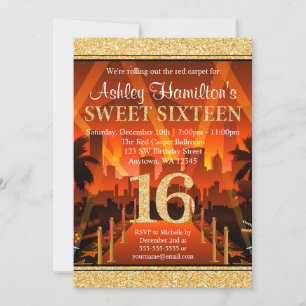Hollywood Red Carpet City Gold Glitter Sweet 16 Invitation