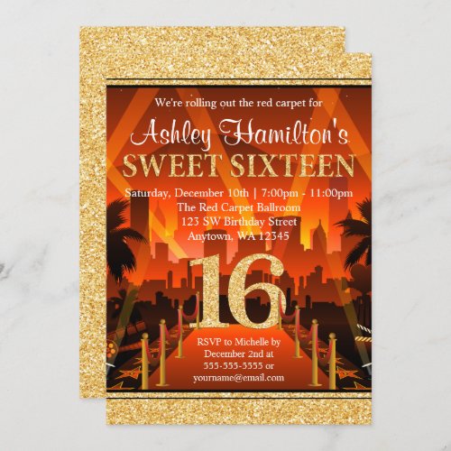 Hollywood Red Carpet City Gold Glitter Sweet 16 Invitation