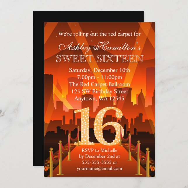 Hollywood Red Carpet City Sweet 16 Birthday Invitation (Front/Back)