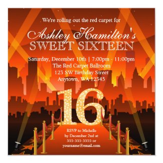 Hollywood Red Carpet City Sweet 16 Birthday 5.25x5.25 Square Paper Invitation Card