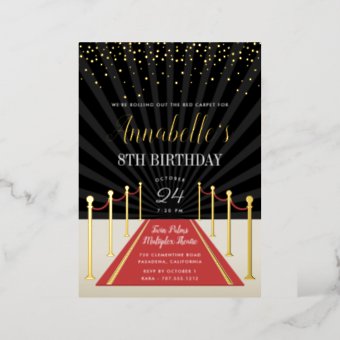 Hollywood Red Carpet Movie Night Birthday Party Foil Invitation | Zazzle