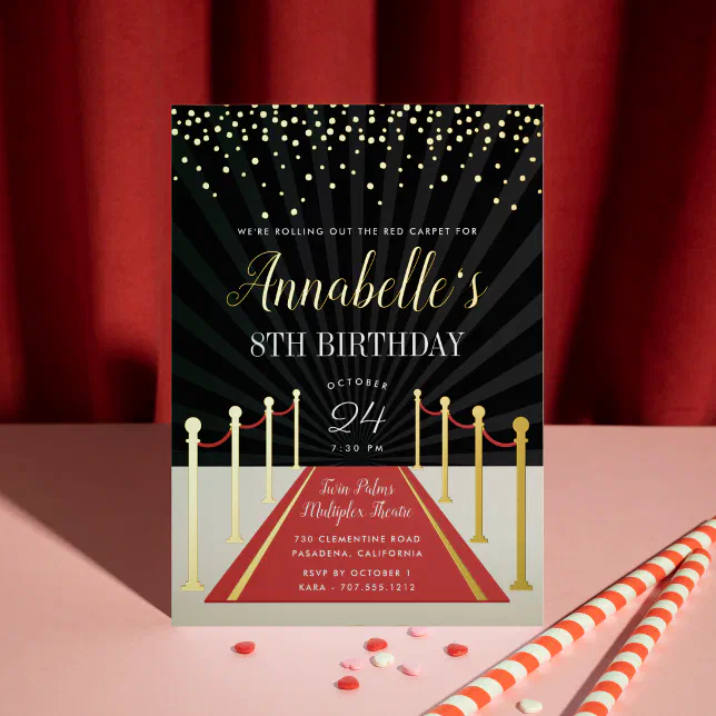 Hollywood Red Carpet Movie Night Birthday Party Foil Invitation 