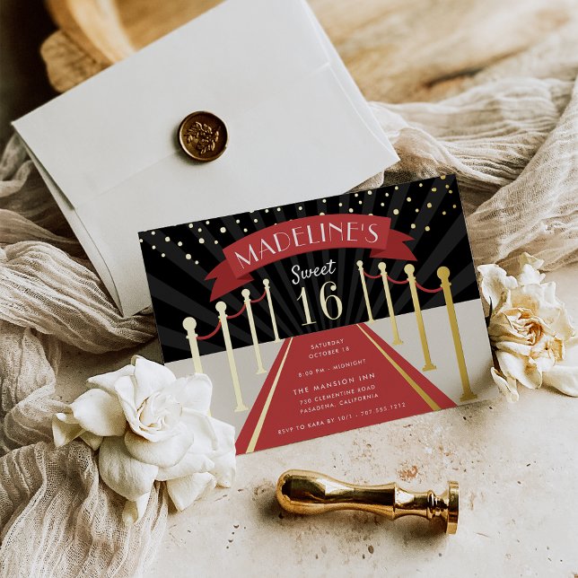 Hollywood Red Carpet Movie Theme Sweet 16 Gold Foil Invitation (Creator Uploaded)