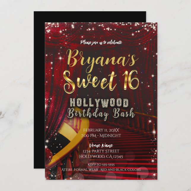 Hollywood Red Carpet Stairs SWEET 16 16th Party Invitation (Front/Back)