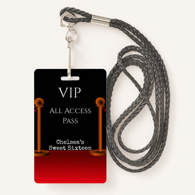 Hollywood Red Carpet Sweet Sixteen VIP All Access Badge (Front with Lanyard)