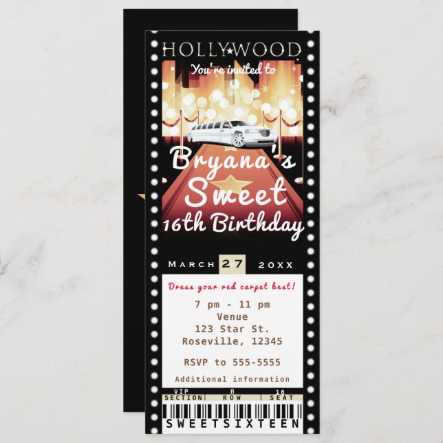 Hollywood Red Carpet VIP Party Ticket Invitation (Front/Back)