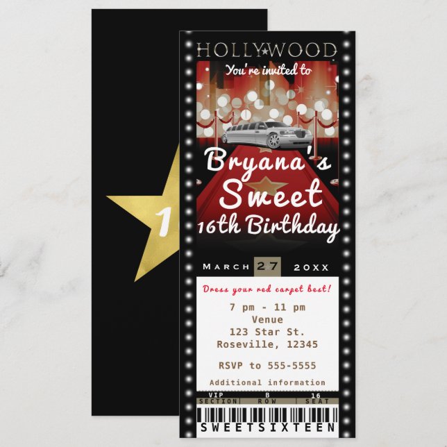Hollywood Red Carpet VIP Party Ticket Invitation (Front/Back)