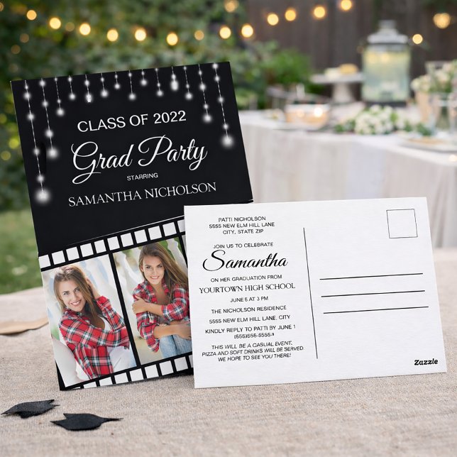 Hollywood Reel 3 Photo Black Silver Graduation Postcard (Hollywood / Actress graduation party invitation postcard)