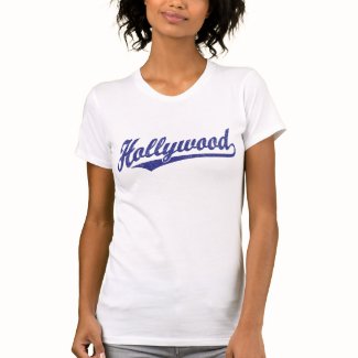 Hollywood script logo in blue distressed t shirts