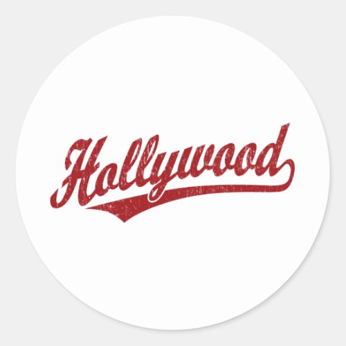 Hollywood script logo in red distressed classic round sticker