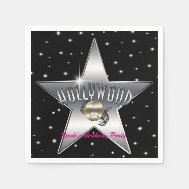 Hollywood Silver Star Black Birthday Party Napkins (Front)