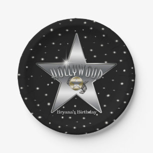 Hollywood Silver Star Black Birthday Party Paper Plates