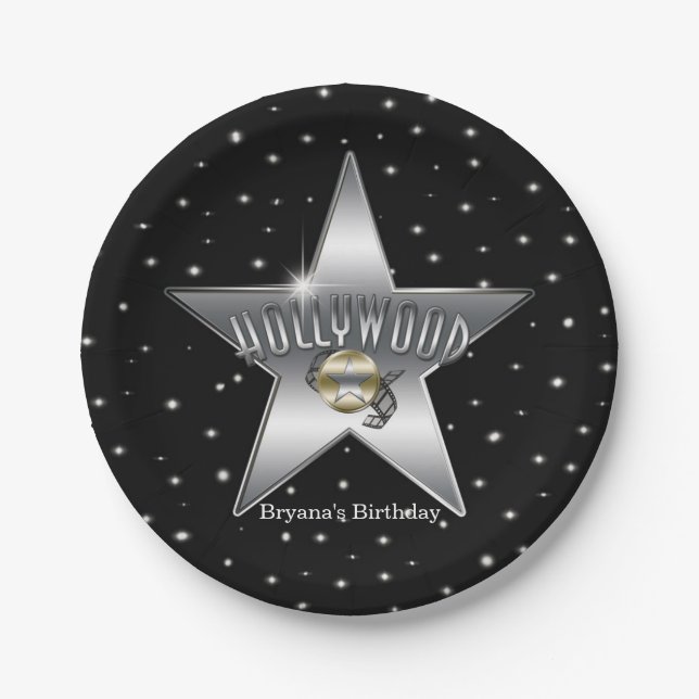 Hollywood Silver Star Black Birthday Party Paper Plates (Front)