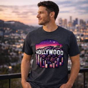 Hollywood Skyline Retro Neon Cityscape Art Tri-Blend Shirt