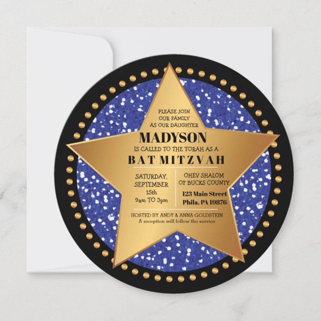 HOLLYWOOD STAR Blue Bar Bat Mitzvah Invitation (Front)