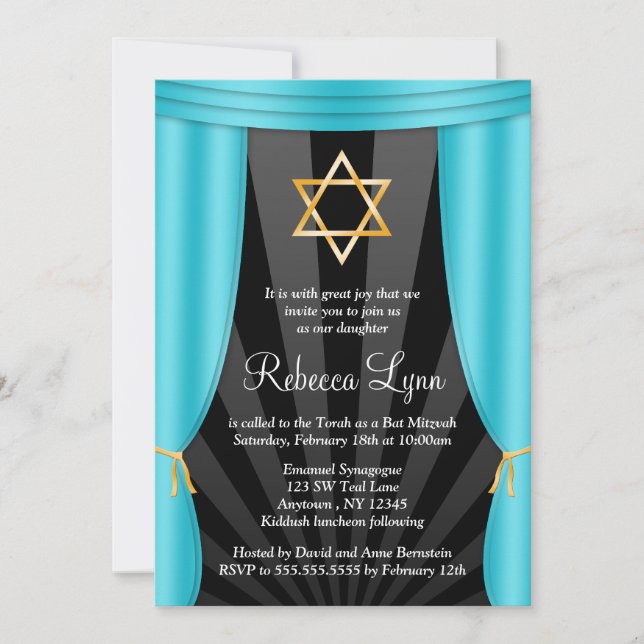 Hollywood Star of David Teal Blue Bat Mitzvah Invitation (Front)