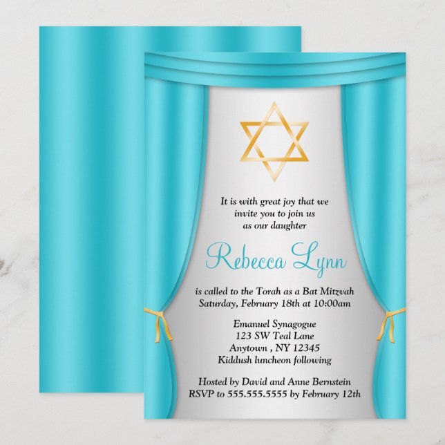Hollywood Star of David Teal Silver Bat Mitzvah Invitation (Front/Back)