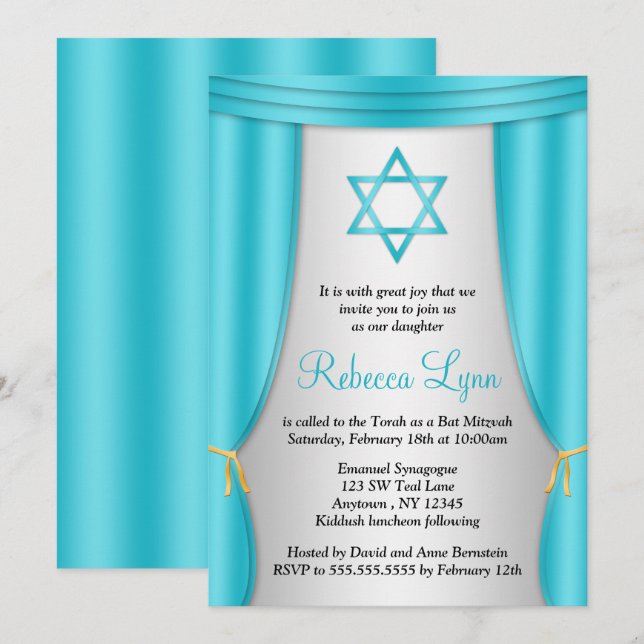 Hollywood Star of David Teal Silver Bat Mitzvah Invitation (Front/Back)