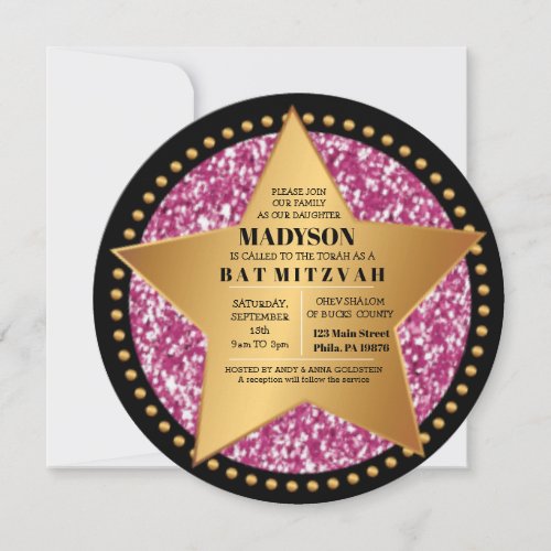 HOLLYWOOD STAR Pink Bar Bat Mitzvah Invitation