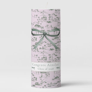 Hollywood Toile Coquette Bow Pink & Green Pillar Candle