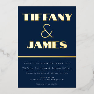 Hollywood Vintage Retro Navy Wedding Gold Foil Invitation