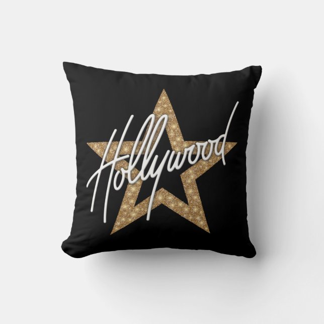 Hollywood White Hand Script With Star Throw Pillow (Front)