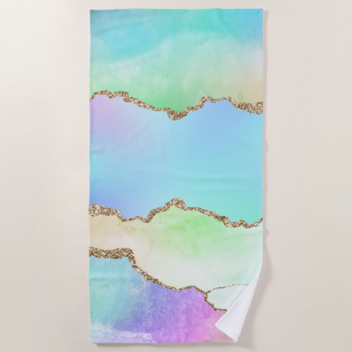 Holo Agate  Faux Iridescent Pastel Ombre Marble Beach Towel
