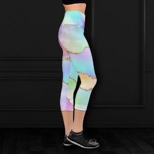 Holo Agate Faux Iridescent Pastel Ombre Marble Capri Leggings
