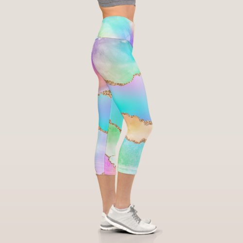 Holo Agate  Faux Iridescent Pastel Ombre Marble Capri Leggings