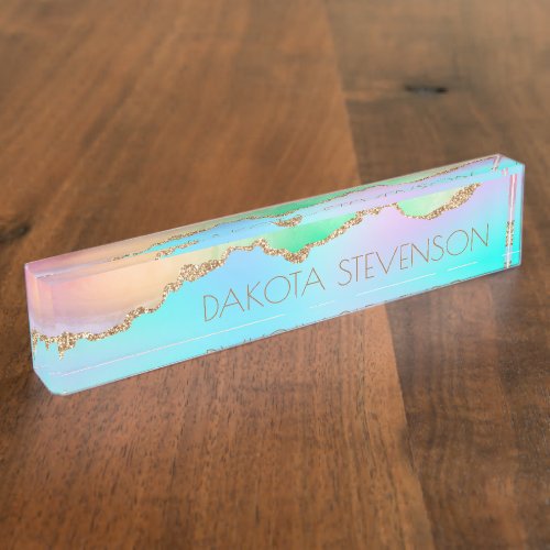 Holo Agate  Faux Iridescent Pastel Ombre Marble Desk Name Plate